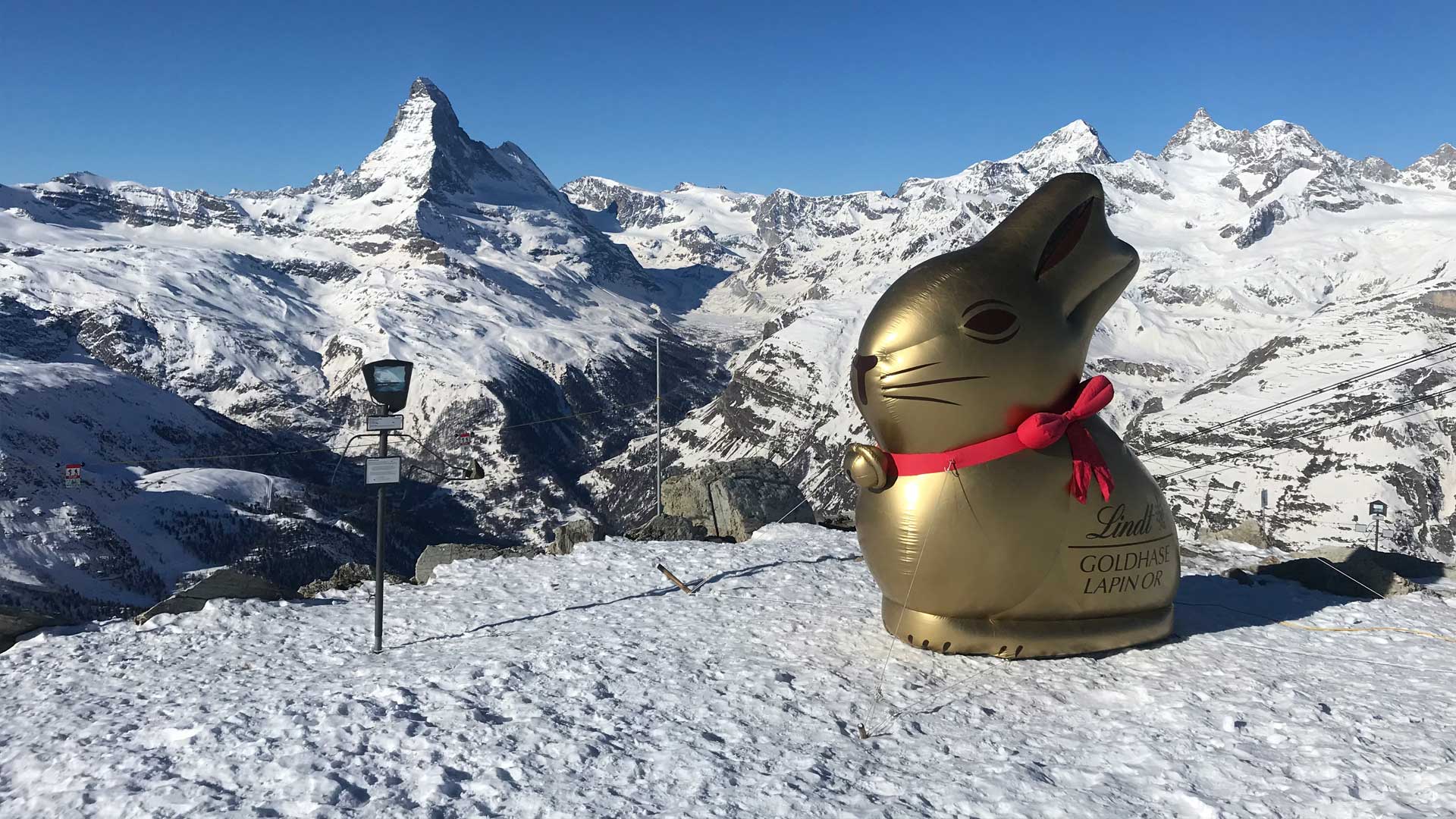 Aufblasbarer Osterhase für Lindt & Sprüngli steht oberhalb Zermatt